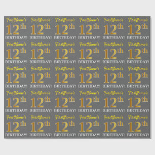 Papier Cadeau Grey, Imitation Gold Look "12e anniversaire"