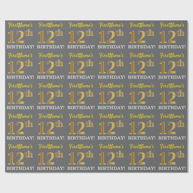 Papier Cadeau Grey, Imitation Gold Look "12e anniversaire" (Plat)