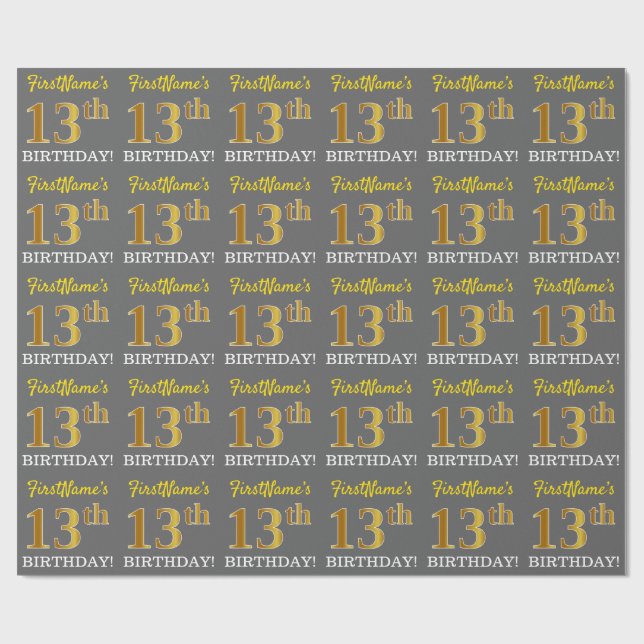 Papier Cadeau Grey, Imitation Gold Look "13ème anniversaire" (Plat)