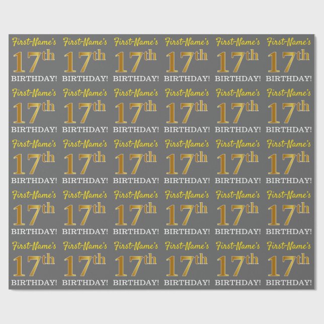 Papier Cadeau Grey, Imitation Gold Look "17e anniversaire" (Plat)