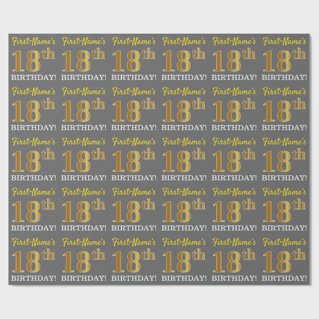 Papier Cadeau Grey, Imitation Gold Look "18e anniversaire" (Plat)