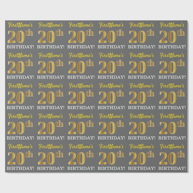 Papier Cadeau Grey, Imitation Gold Look "20e anniversaire" (Plat)