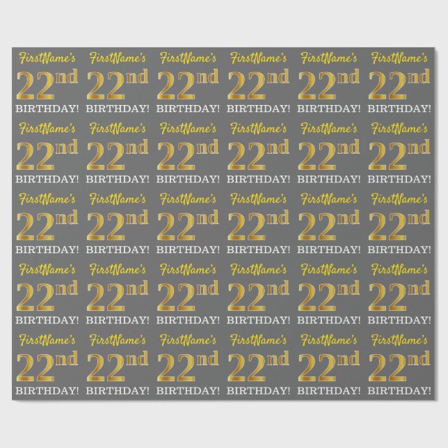 Papier Cadeau Grey, Imitation Gold Look "22e anniversaire" (Plat)