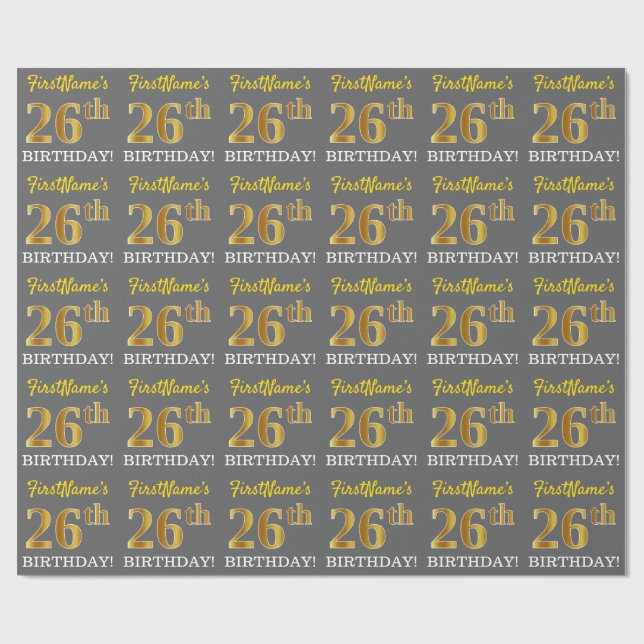 Papier Cadeau Grey, Imitation Gold Look "26e anniversaire" (Plat)