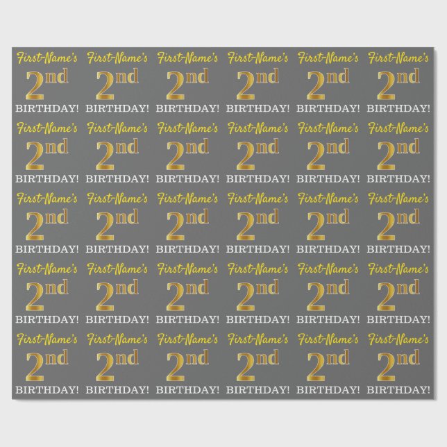 Papier Cadeau Grey, Imitation Gold Look "2e anniversaire" (Plat)