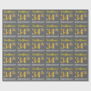 Papier Cadeau Grey, Imitation Gold Look "34e anniversaire"