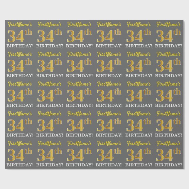 Papier Cadeau Grey, Imitation Gold Look "34e anniversaire" (Plat)