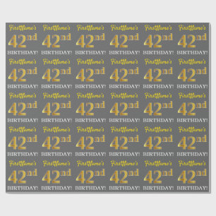 Papier Cadeau Grey, Imitation Gold Look "42e anniversaire"