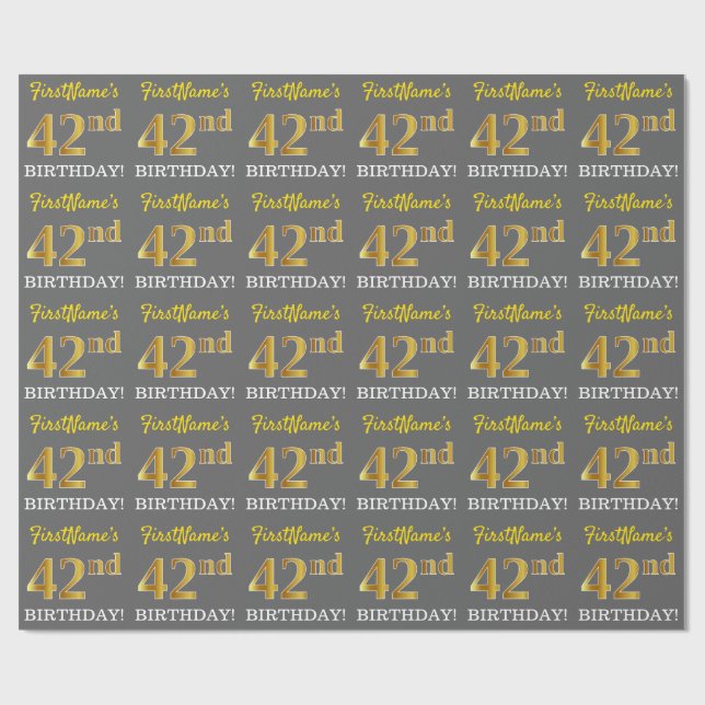Papier Cadeau Grey, Imitation Gold Look "42e anniversaire" (Plat)