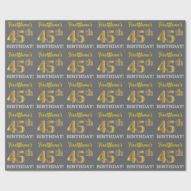 Papier Cadeau Grey, Imitation Gold Look "45e anniversaire" (Plat)