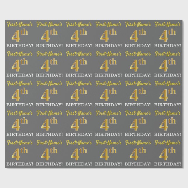 Papier Cadeau Grey, Imitation Gold Look "4th BIRTHDAY" (Plat)