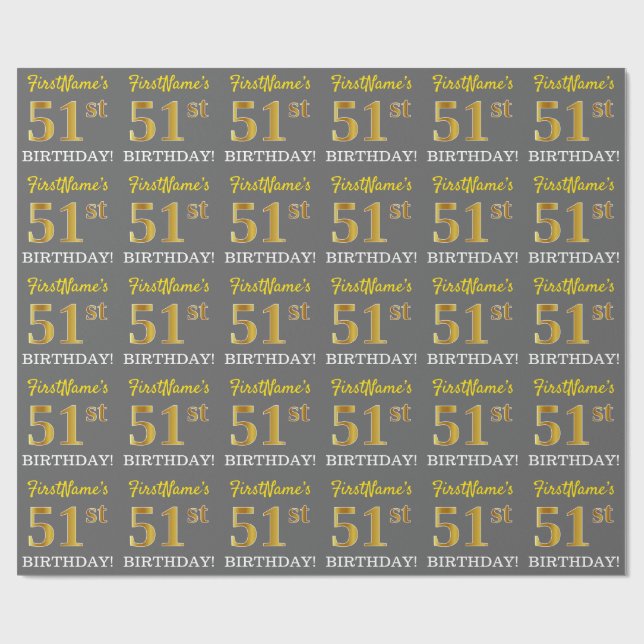 Papier Cadeau Grey, Imitation Gold Look "51ème anniversaire" (Plat)