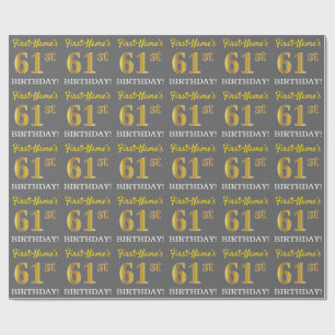 Papier Cadeau Grey, Imitation Gold Look "61ème anniversaire"
