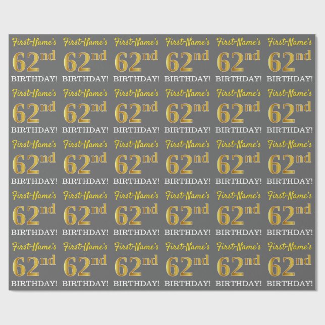 Papier Cadeau Grey, Imitation Gold Look "62e anniversaire" (Plat)