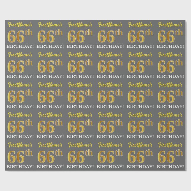 Papier Cadeau Grey, Imitation Gold Look "66e anniversaire" (Plat)