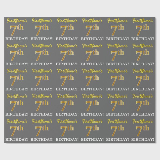 Papier Cadeau Grey, Imitation Gold Look "7e anniversaire" (Plat)