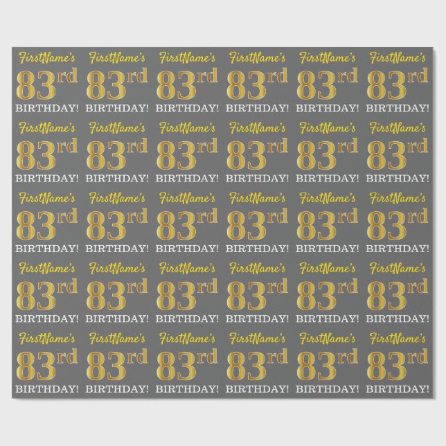 Papier Cadeau Grey, Imitation Gold Look "83ème anniversaire" (Plat)
