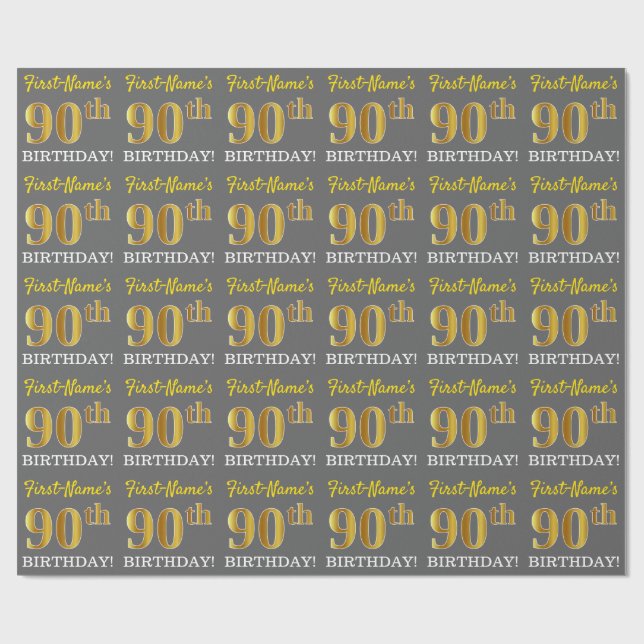 Papier Cadeau Grey, Imitation Gold Look "90e anniversaire" (Plat)