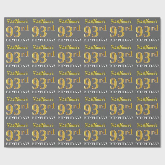 Papier Cadeau Grey, Imitation Gold Look "93ème anniversaire" (Plat)