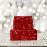 Papier Cadeau Gribouillage de Red Christmas<br><div class="desc">Paper Red Christmas Wrapping with white doodles and solive words on a red background. Christmas doodles included: Christmas tree,  deer,  heart,  presents,  baubles,  stockings,  snowmen and more. "Paniground en red with white drawn element".</div>