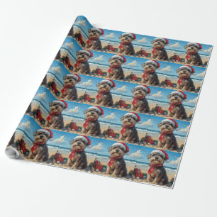 Papier Cadeau Griffon à poil dur de Korthals de Noël à la plage