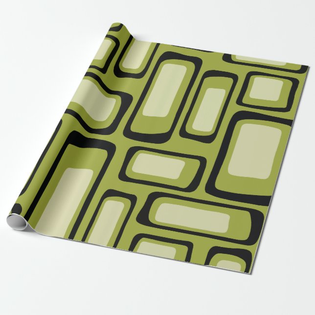 Papier Cadeau Grille Rectangle Arrondi Vert Milieu de Siècle Rét (Déroulé)