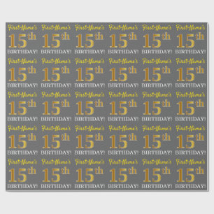 Papier Cadeau Gris, aspect or imitation "15e ANNIVERSAIRE"