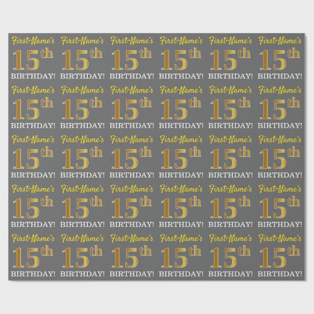 Papier Cadeau Gris, aspect or imitation "15e ANNIVERSAIRE" (Plat)