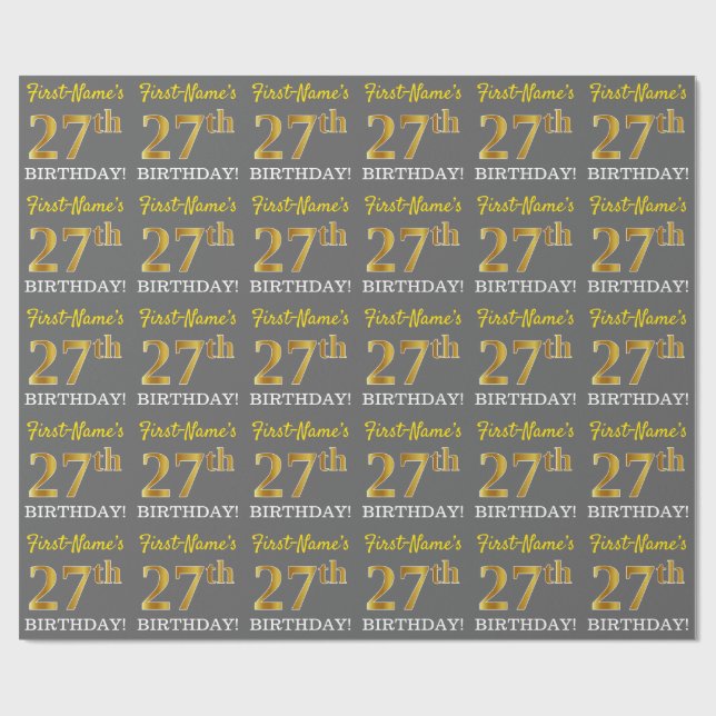 Papier Cadeau Gris, aspect or imitation « 27e ANNIVERSAIRE » (Plat)
