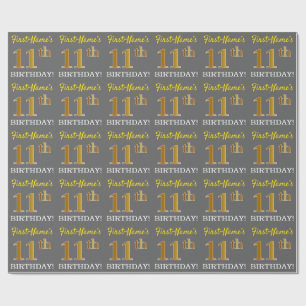 Papier Cadeau Gris, aspect or imitation doré "11e ANNIVERSAIRE"
