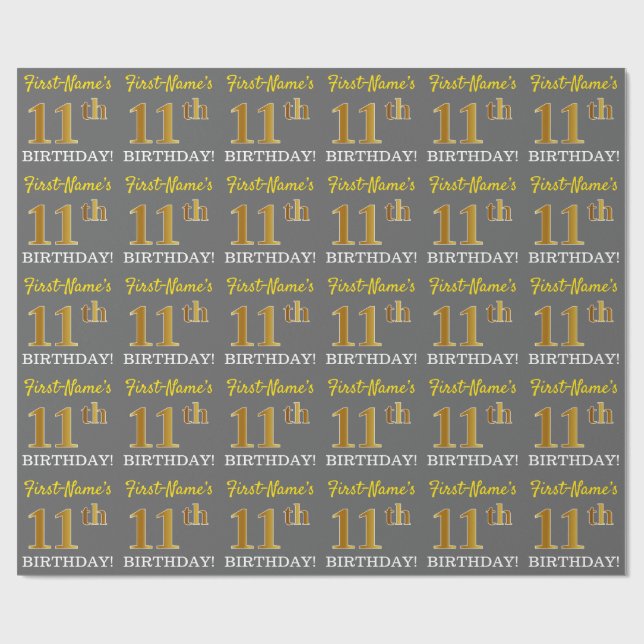 Papier Cadeau Gris, aspect or imitation doré "11e ANNIVERSAIRE" (Plat)
