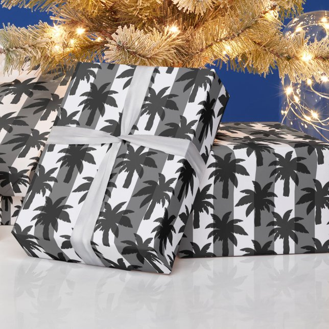 Papier Cadeau Gris Blanc Tropical Palmiers Stripes Design (Créateur téléchargé)