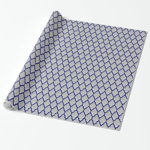 Papier Cadeau Gris, bleu marine, blanc Quatrefoil marocain #4DS