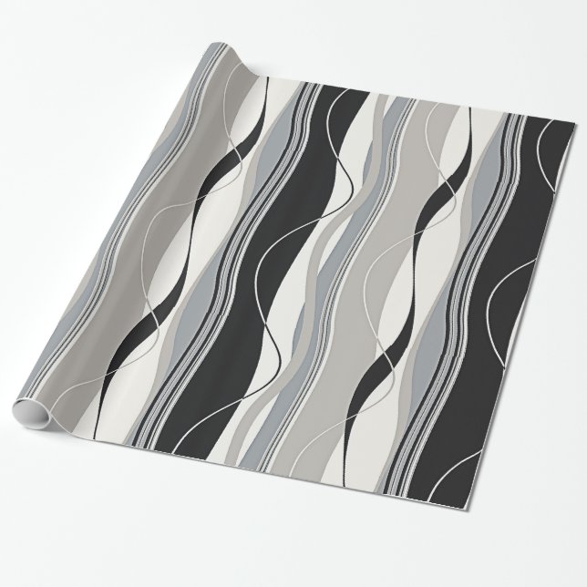 Papier Cadeau Gris et blanc onduleux de noir de rayures (Déroulé)