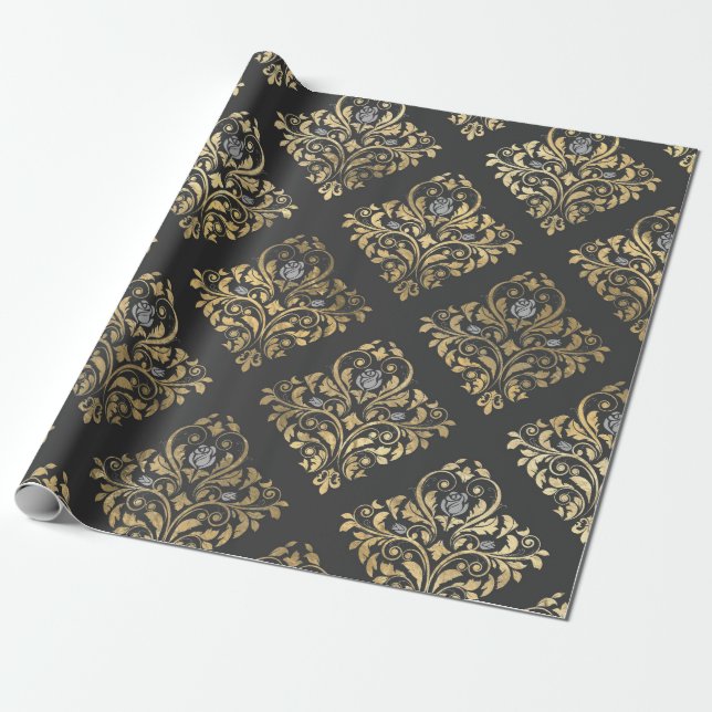 Papier Cadeau Gris et or damas vintage (Déroulé)