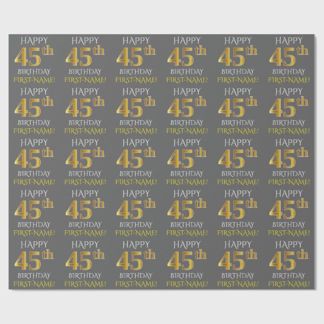 Papier Cadeau Gris, Faux Or "Joyeux 45e ANNIVERSAIRE" (Plat)