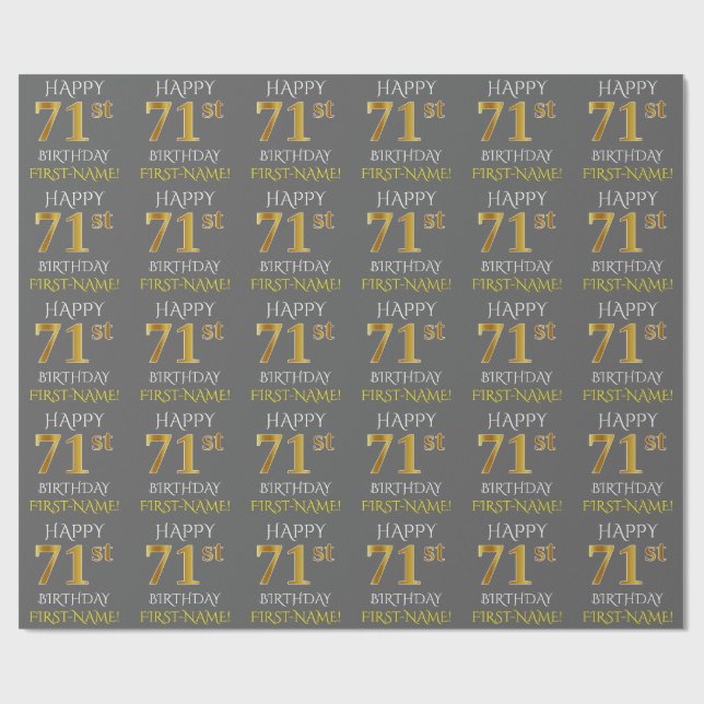 Papier Cadeau Gris, Faux Or "Joyeux 71e ANNIVERSAIRE" (Plat)
