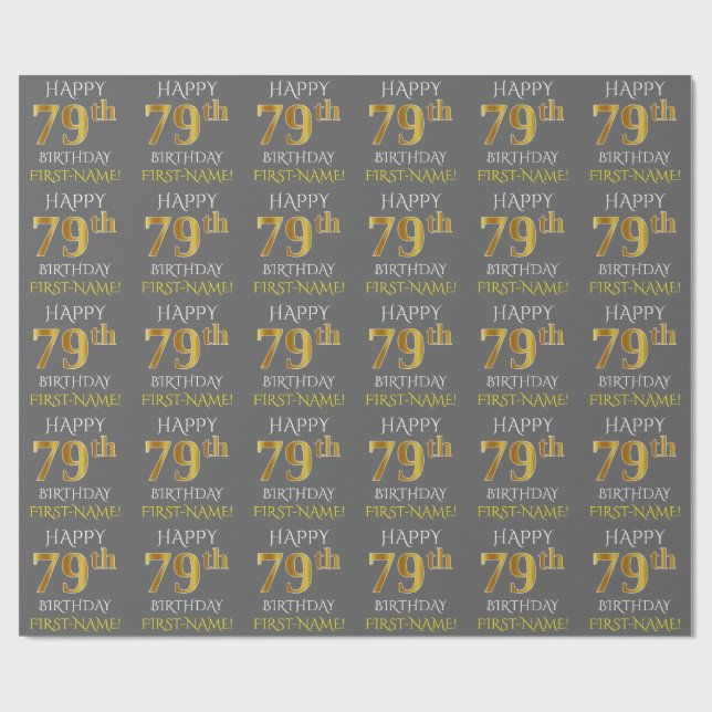 Papier Cadeau Gris, Faux Or "Joyeux 79e ANNIVERSAIRE" (Plat)