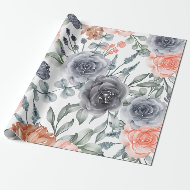 Papier Cadeau gris floral tendance (Déroulé)