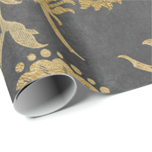 Papier Cadeau Gris Gold Big Flowers Cottage Damask Graphite