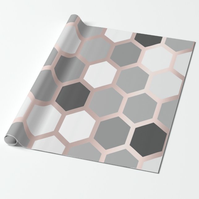 Papier Cadeau Gris Graphisme Rose Or Géométrie Miel Bee Hexagon (Déroulé)
