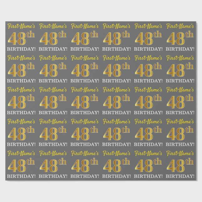 Papier Cadeau Gris, imitation de l'aspect or "48e ANNIVERSAIRE" (Plat)
