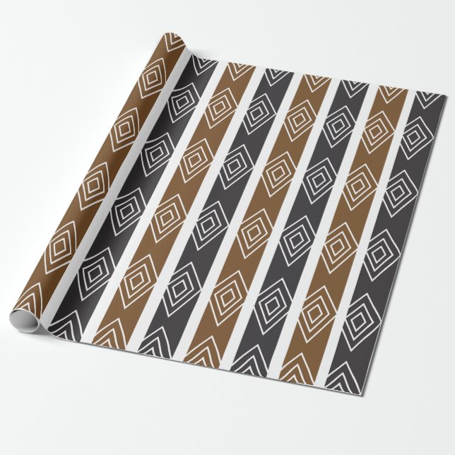 Papier Cadeau Gris Marron Géométrique Diamant Rayures (Déroulé)