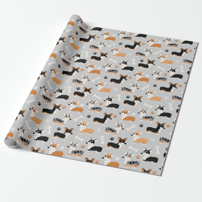 Papier Cadeau Gris Motif de Corgi (Déroulé)