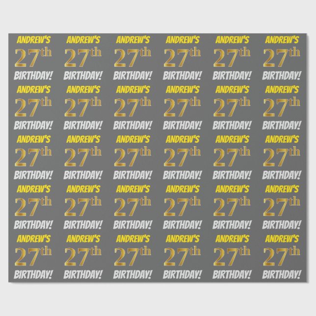 Papier Cadeau Gris, Or Faux/Imitation, "27e ANNIVERSAIRE" (Plat)
