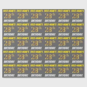 Papier Cadeau Gris, Or Faux/Imitation, "28e ANNIVERSAIRE"