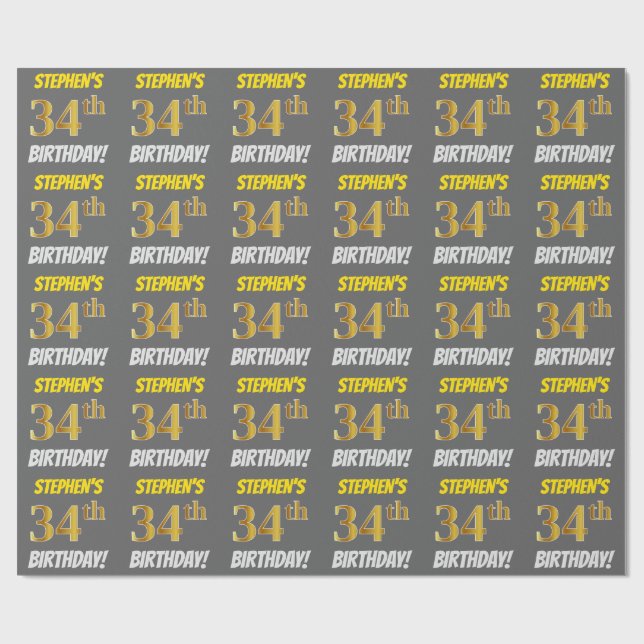 Papier Cadeau Gris, Or Faux/Imitation, "34e ANNIVERSAIRE" (Plat)