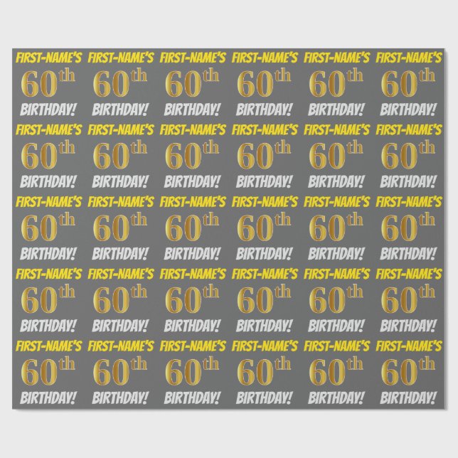 Papier Cadeau Gris, Or Faux/Imitation, "60e ANNIVERSAIRE" (Plat)