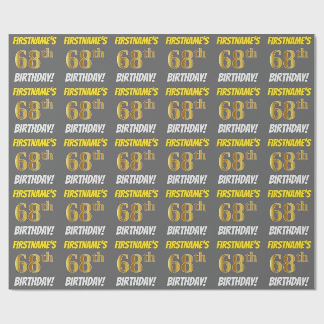 Papier Cadeau Gris, Or Faux/Imitation, "68e ANNIVERSAIRE" (Plat)