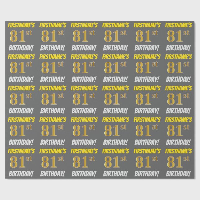 Papier Cadeau Gris, Or Faux/Imitation, "81e ANNIVERSAIRE" (Plat)